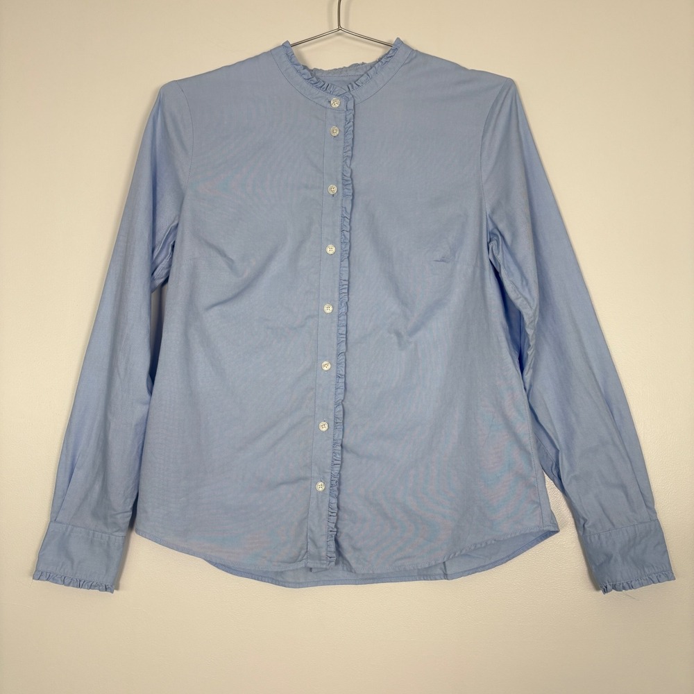 Boden Women Button Up Shirt Size 8 Blue Ruffle Trim Oxford Long Sleeve T1481